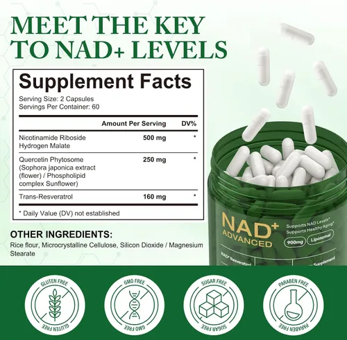 Vista 8 de Suplemento NAD, ribósido de nicotinamida NAD, liposoma alternativa NAD extra fuerte, Boost NAD y resveratrol + para mujeres y hombres, energía