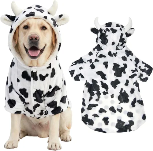 Vista 5 de FLAdorepet Disfraz de vaca para perro de Halloween para perro pequeño, mediano y grande, chaqueta de forro polar de invierno, abrigo con capucha