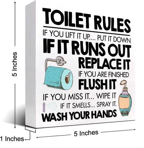 Vista 2 de Toilet Rules - Cartel divertido de madera para baño, placa de bloque de madera para el hogar, baño, estante de pared, decoración de inodoro Bartroom