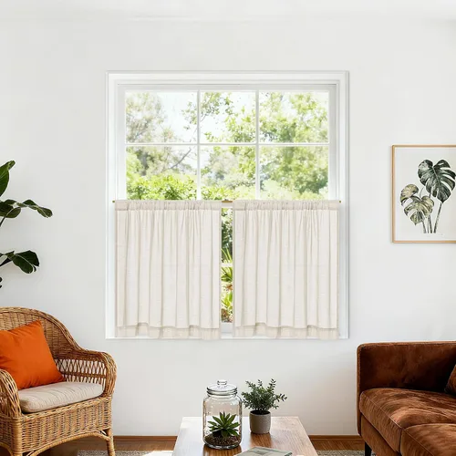 Vista 38 de Cortinas de cocina de lino semitransparente beige de 24 pulgadas de largo, 2 paneles Cream, Cafe Short Curtains, for Bathroom Small Windows, Light