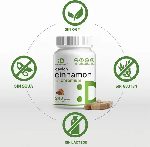 Vista 5 de Canela de Ceilán con Cromo 1000mcg, 240 Cápsulas Extracto de corteza interna activa, verdadera fuente de Sri Lanka Suplementos naturales