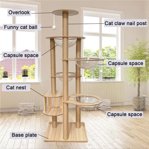 Vista 2 de Árbol para gatos de 183 cm para gatos de interior, grande para adultos, con 4 cuencos, 12 postes de rascar de sisal, 1 jaula para gatos, posadero
