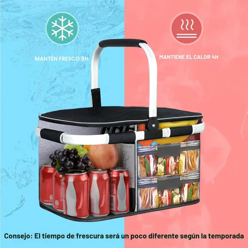 Vista 5 de LIQING - Cesta de picnic grande de 35 L, bolsas de compras para viajes, camping, 2 capas de bolsillos internos a prueba de fugas y aislamiento Negro