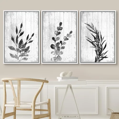 Vista 236 de SIGNWIN Lienzo enmarcado para pared, juego de arte de collage de hojas transparentes en blanco y negro, ilustraciones de naturaleza silvestre, arte