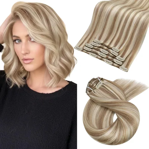 Vista 18 de Moresoo Extensiones de cabello humano con clip, balayage, color marrón oscuro a marrón dorado con clip, extensiones de cabello humano con clip, 5