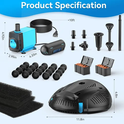 Vista 7 de POPOSOAP Filtro de estanque con kit de fuente de bomba, clarificador UV integrado, filtros de estanque de 660 GPH/40 W para limpieza de estanques al