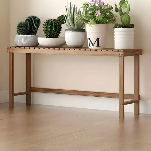 Vista 12 de Soporte rectangular para plantas de madera maciza de 1 nivel, 4 patas, flores, suculentas, rábano verde, de una sola capa, escalera de balcón Marrón