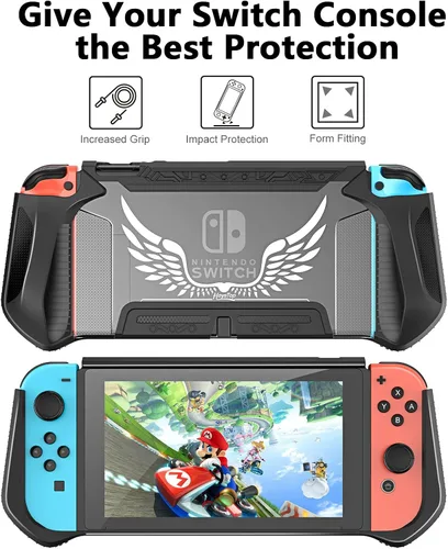 Vista 5 de HEYSTOP Kit de accesorios de funda compatible con Nintendo Switch 12 en 1 Switch funda de transporte PlayStand Grip Volante agarre protector