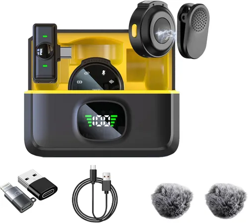 Vista 10 de Caiord - Paquete de 2 micrófonos inalámbricos de solapa para iPhone 15, Android, USB C, iPad con adaptador incluido, mini micrófono de solapa