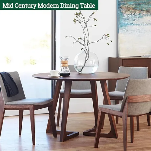 Vista 3 de Mesa de comedor moderna de mediados de siglo, mesas redondas de madera maciza para cocina y comedor, mesa de pedestal rústica, mesa de centro