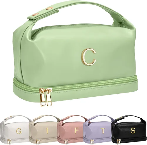 Vista 32 de Bolsa de maquillaje con asa, bolsa de cosméticos impermeable de doble capa, bolsas de maquillaje de cuero PU de gran capacidad con letra, bolsa