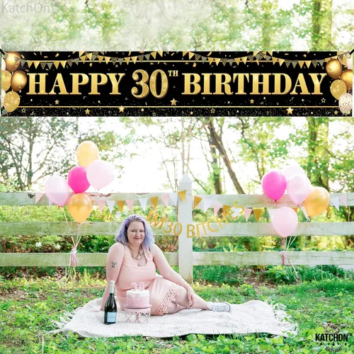 Vista 3 de KatchOn, Cartel grande de feliz cumpleaños 30 para patio, 120 x 20 pulgadas, decoraciones de cumpleaños número 30 para mujeres y hombres, pancarta