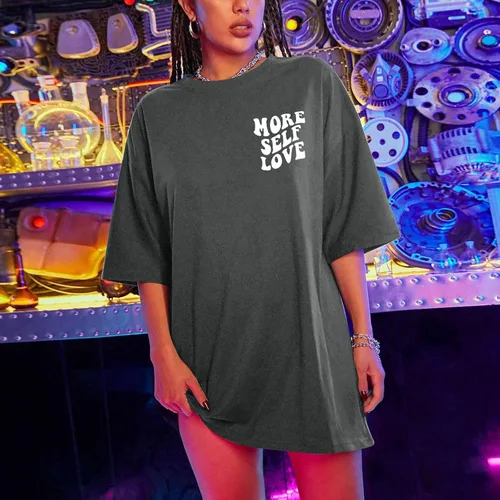 Vista 3 de Más camisetas con eslogan de amor propio para mujer, camisetas de verano de gran tamaño, camisetas gráficas de hombros caídos, camiseta de manga