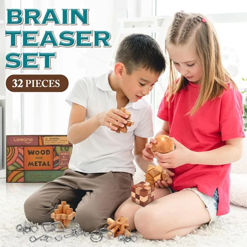 Vista 7 de Rompecabezas de metal de madera, regalos de Pascua para niños y adolescentes, rompecabezas de cerebro desenredado de eslabones de hierro, juego