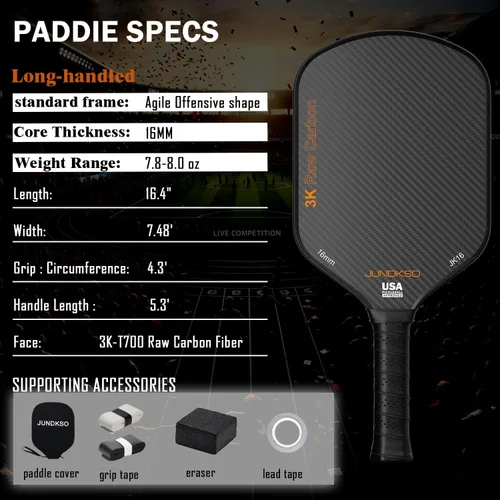 Vista 5 de Paletas profesionales de pickleball - T700 Raqueta de pepinillo de fibra de carbono - Superficie esmerilada de carbono crudo 3K para mejorar el giro
