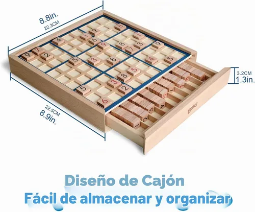 Vista 4 de BOHS Juego de Mesa de Sudoku de Madera con Cajón - con 100 Libros de Sudoku para Adultos - Juguetes de Mesa para el Cerebro