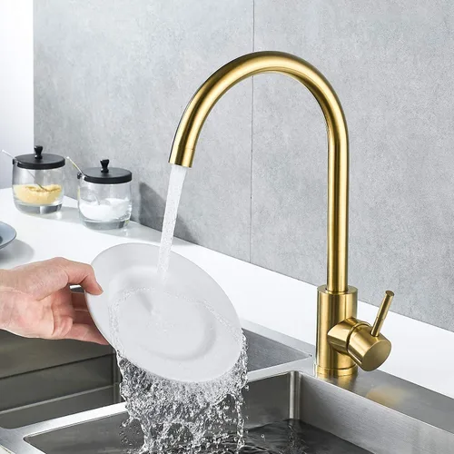 Vista 5 de Grifo de cocina de arco alto de una sola manija en oro cepillado, grifo de fregadero de cocina comercial de un solo agujero de acero inoxidable