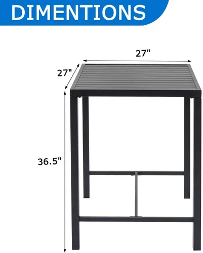 Vista 2 de Mesa de bar para exteriores, mesa cuadrada de 36.5 pulgadas de altura con marco de metal resistente y parte superior de listones resistente a