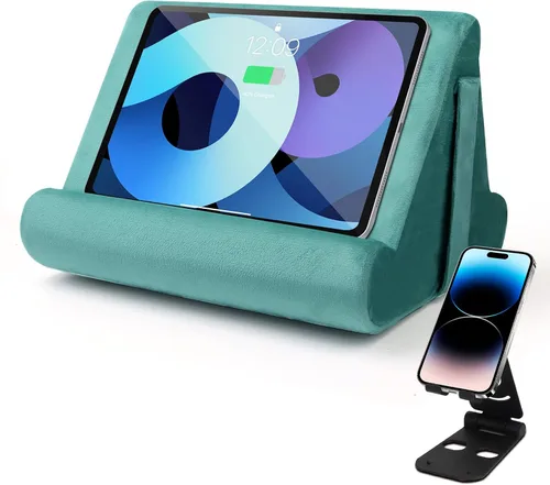 Vista 13 de Soporte universal para cojín para tablet, soporte perezoso multiángulo con bolsillo de red y soporte para teléfono opciones para regazo, rodilla