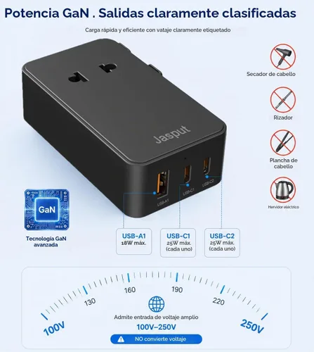 Vista 6 de Jasput Adaptador de viaje universal de 25 W, mini adaptador ultrafino con 2 USB-C y 1 USB-A, carga rápida para teléfonos inteligentes, tabletas