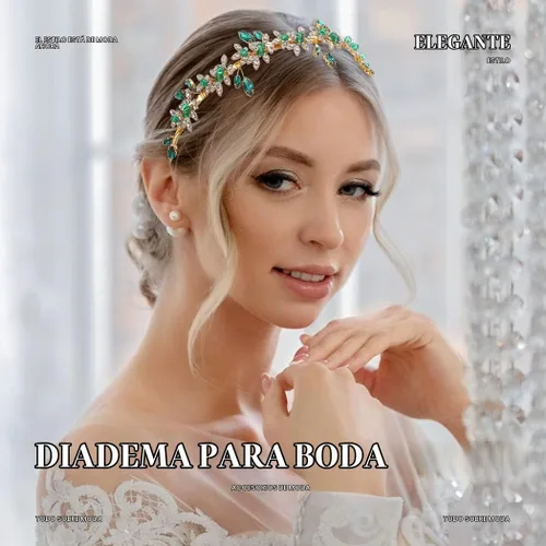 Vista 7 de JEAIRTS - Diadema de diamantes de imitación esmeralda, tocado de boda
