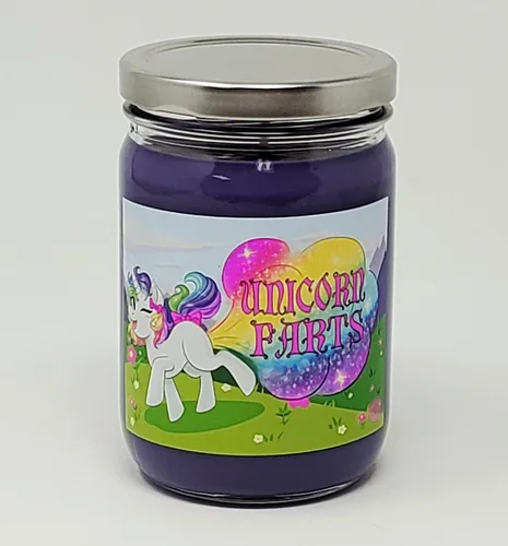 Vista 5 de Vela perfumada Unicorn Farts, aroma a refresco de uva, vela de cera de soja totalmente natural (3 mechas grandes, refresco de uva morada)