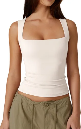 Vista 19 de QINSEN Camisetas básicas ajustadas de doble capa con cuello cuadrado para mujer Castaño