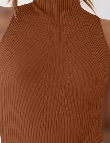 Vista 5 de ZESICA Camisetas sin mangas de verano para mujer, cuello de tortuga, de punto acanalado, ajustadas, básicas, casuales