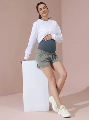 Vista 2 de Maacie Maternity Stretch Shorts Loose fit Drawstring Lounge Workout Shorts with Zip Pockets