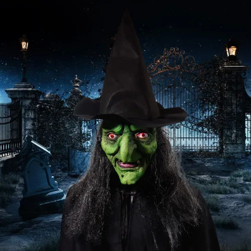Vista 2 de Máscara facial de bruja de anciana con pelo y sombrero, disfraz de látex para Halloween, espeluznante y aterrador, disfraz de bruja para fiesta