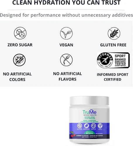 Vista 3 de TruMe Clean - Polvo de electrolitos BCAA vegano - Cereza - 2:1:1 sin azúcar sin sucralosa BCAA Aminoácidos Suplemento para mujeres/hombres