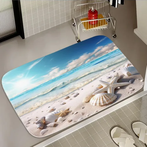 Vista 24 de Alfombra de baño de terciopelo coral con diseño náutico de tortugas marinas, animales de playa, tapete de ducha antideslizante para baño de océano