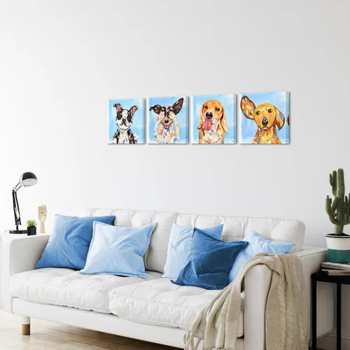 Vista 3 de KLVOS Obra de arte abstracta de cachorros, pintura de perros, imágenes divertidas de animales, decoración de pared, impresión en lienzo, galería