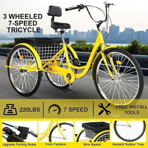 Vista 3 de Triciclo para adultos de 24/26 pulgadas, 7 velocidades, triciclo de 3 ruedas para adultos para mujeres/hombres/personas mayores, bicicleta de tres