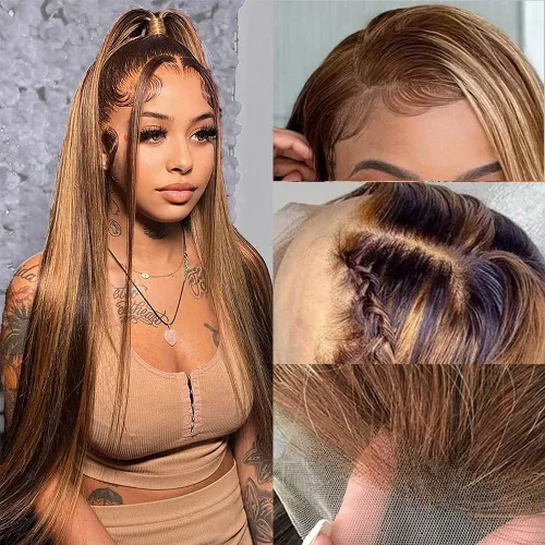 Vista 19 de Flady Peluca de cabello humano con encaje frontal ombré, prearrancada, sin pegamento, peluca frontal de encaje HD 4/27, pelucas de cabello humano