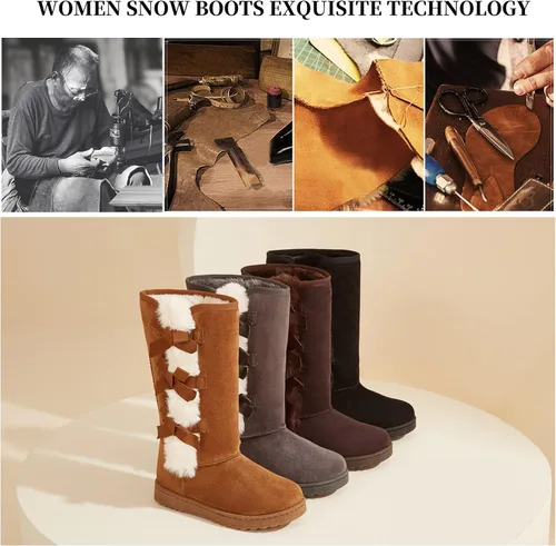 Vista 4 de XRH Botas de invierno para mujer, botas de media pantorrilla, botas de nieve con forro de piel, botas cálidas