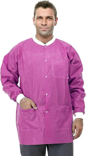 Vista 10 de Chaquetas de laboratorio desechables dentales Puños y cuello de punto suave SMS duraderos con 3 bolsillos Chaqueta de laboratorio médico Azul