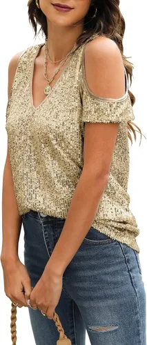 Vista 4 de Tops de lentejuelas Camisa brillante para mujer Top de fiesta, camisas brillantes con purpurina y hombros descubiertos, blusas con cuello en V