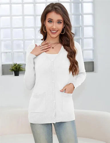 Vista 4 de a.Jesdani - Suéter de punto suave de manga larga con cuello redondo y botones para mujer