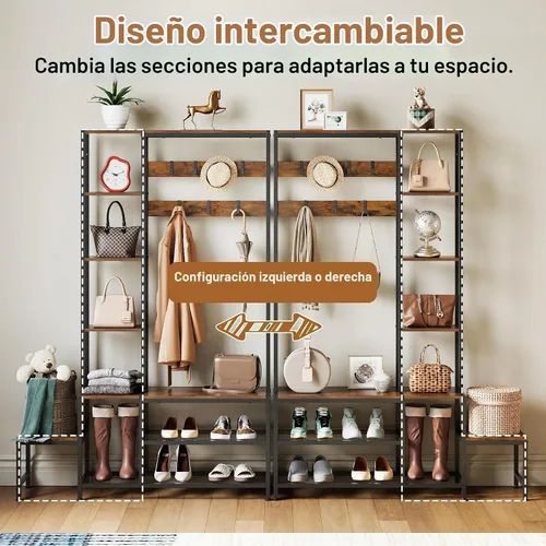 Vista 3 de Árbol de pasillo con banco de almacenamiento de zapatos, perchero con 7