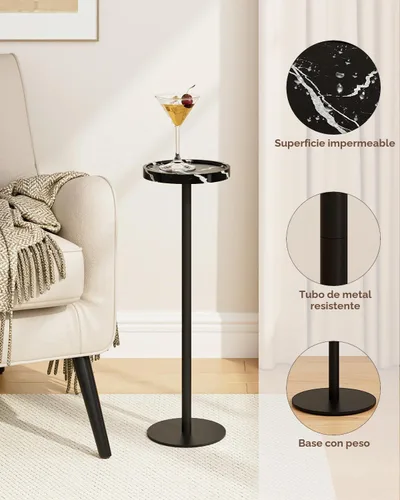 Vista 4 de Mesa de bebida, mesa auxiliar de pedestal pequeña, mesa de cóctel redonda, mesa auxiliar circular con base de metal, para espacios pequeños