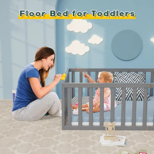 Vista 2 de Zevemomo Cama de suelo tamaño individual para niños y niños, cama de piso Montessori individual con barandillas de seguridad y puerta, cama de piso