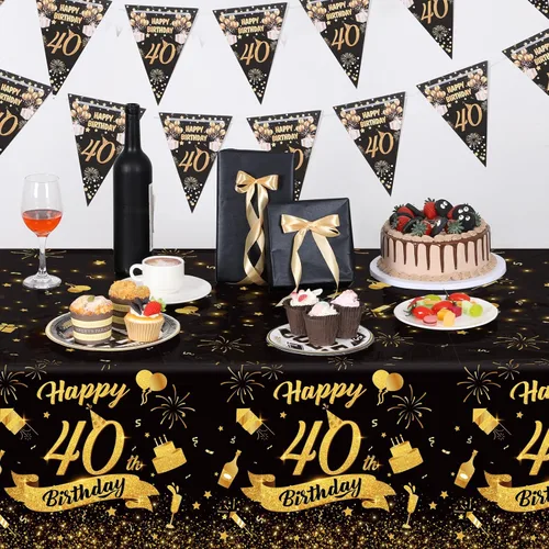 Vista 3 de Paquete de 3 manteles de plástico desechables para cumpleaños de 40 años, color negro y dorado Mantel rectangular impermeable para cumpleaños, 40