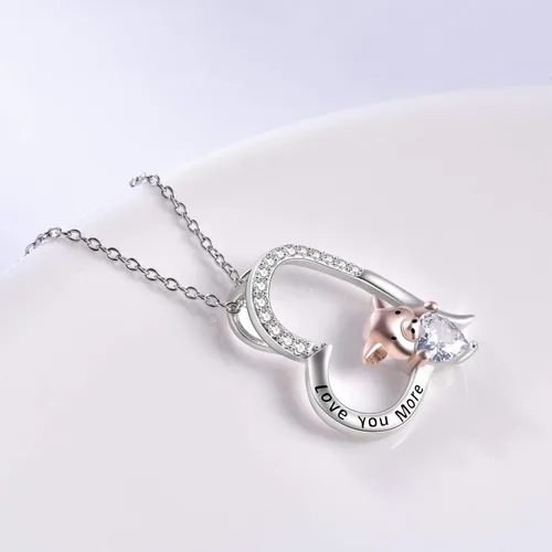 Vista 3 de YFN Collar de cerdo, regalo de joyería de plata de ley 925, lindo colgante de animal con corazón de circonita cúbica, collar para mujeres y niñas