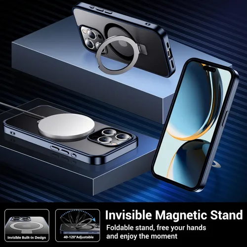 Vista 5 de Funda magnética con soporte invisible para iPhone 15 Pro, compatible con MagSafe, [2 piezas de pantalla de vidrio templado y protector de cámara]