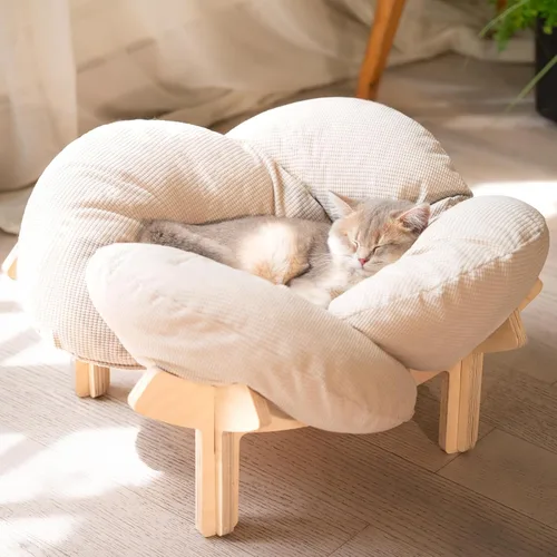 Vista 11 de CHEERHOME PETS Cama Elevada para Gatos de Madera con Cojín Sofá Mullido para Mascotas Sofá para Gatos de Interior Silla de Salón Elevada