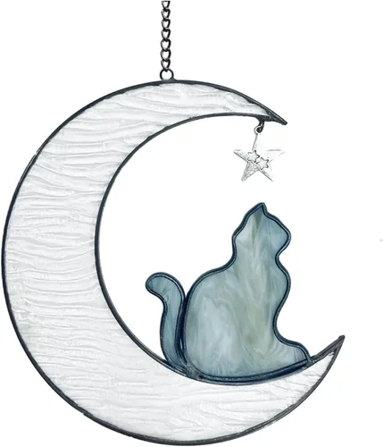 Vista 10 de Regalos conmemorativos para gatos por pérdida de gato, gato en luna, vitrales colgantes para ventanas, atrapasoles, regalos conmemorativos hechos a
