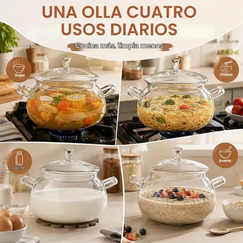 Vista 5 de Olla de vidrio de borosilicato, cacerola de 2.5 cuartos con tapa, apta para microondas, estufa y lavavajillas