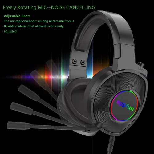 Vista 3 de eppfun Auriculares USB para juegos, auriculares con cable sobre la oreja con micrófono con cancelación de ruido, sonido envolvente 7.1, luces RGB