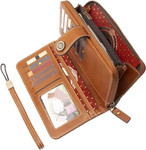 Vista 2 de Leathario Carteras para las mujeres de cuero de gran capacidad de crédito 16 titular de la tarjeta titular organizador vintage, Marrón, Vintage